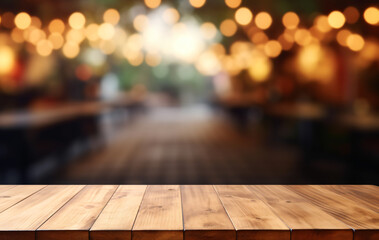 Wooden empty table in front of blurred cafe and park background