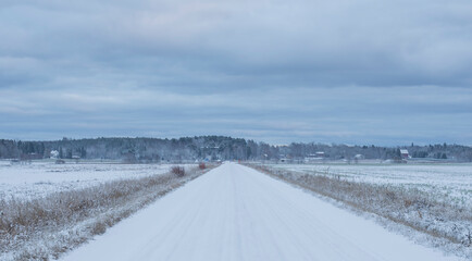 Rural winter landscape with snow