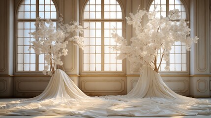 Wedding design, Floral arrangements, Romantic white room with wedding backdrop and white curtains.