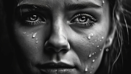 Young adult woman smiling, raindrop on face, black and white generated by AI