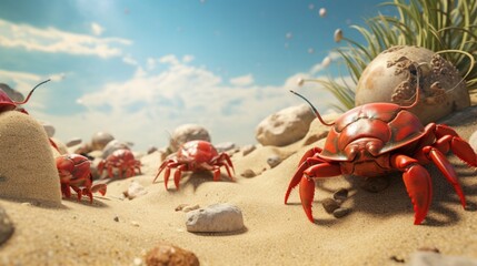 A group of hermit crabs crawling along a sandy beach. - obrazy, fototapety, plakaty