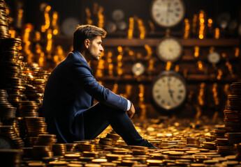 Businessman holding stack of coins. A man sitting on a pile of gold coins - obrazy, fototapety, plakaty