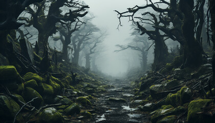 Spooky forest mystery dark, foggy, wet, with mysterious creatures generated by AI