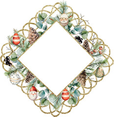 Watercolor vector brilliant lacy golden frame in rhombus shape with christmas toys, cedar branches, eucalyptus. Greenery. Template for text, greeting cards, invitation, wedding card, celebration.