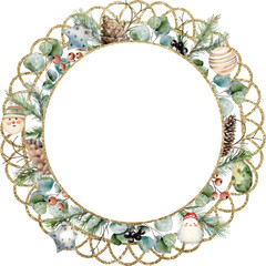 Watercolor vector circle brilliant golden frame with cedar branches, eucalyptus, christmas toys. Greenery. Template space for text, message, greeting cards, invitation, wedding card, save the date.