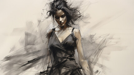 Dancing lady matt color line sketch drawing, woman wearing a frock and performing on a stage