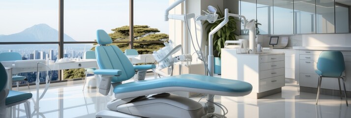 Dental room interior and chair with facilities of a modern dental clinic. - obrazy, fototapety, plakaty
