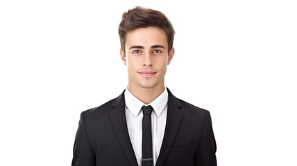A young boss stands alone against a white background. 