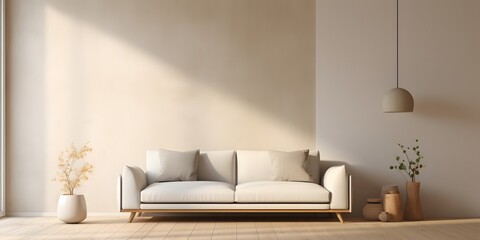 Fototapeta na wymiar Simple style modern living room home interior design. Beige sofa and wall chair with copy space