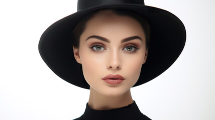 A young woman wearing a black hat and colorful makeup is isolated against a white background. 