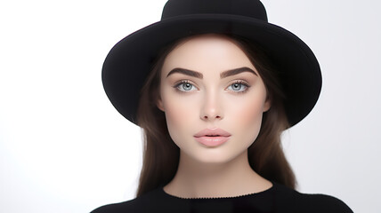 A young woman wearing a black hat and colorful makeup is isolated against a white background. 