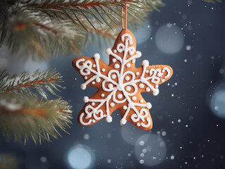 Christmas tree with gingerbread decoration in the form of snowflakes on the Christmas tree