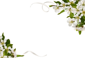 Spring floral corners arrangements with small green leaves and flowers of cherry and scrolled satin...