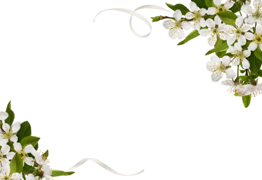 Spring floral corners arrangements with small green leaves and flowers of cherry and scrolled satin ribons isolated on white or transparent background