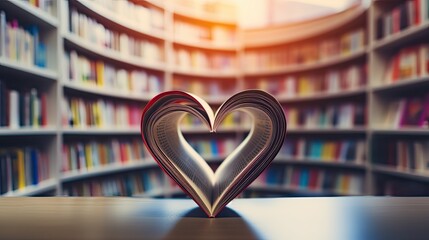 Magazine pages in heart shape with blurred bookshelf