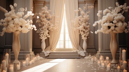 Wedding backdrop champagne color, Wedding scene with background drapery, Floral art interior and ceremony area.