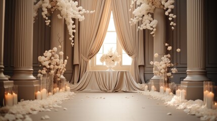 Wedding backdrop champagne color, Wedding scene with background drapery, Floral art interior and ceremony area.