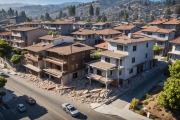 Fototapeta premium Experience the urban crisis caused by an earthquake, with images depicting building damage, city streets in chaos