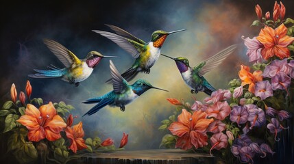 A group of hummingbirds sipping nectar from a cluster of colorful flowers.