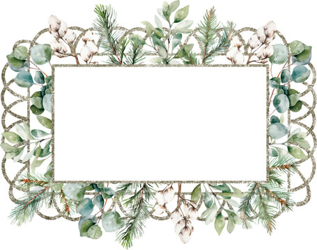 Watercolor vector horizontzl brilliant silver frame with cotton, cedar branches, eucalyptus. Greenery. Template space for text, message, greeting cards, invitation, wedding card, save the date, celebr