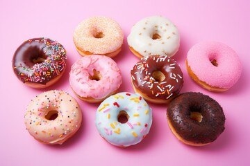Colorful donuts on a pink background