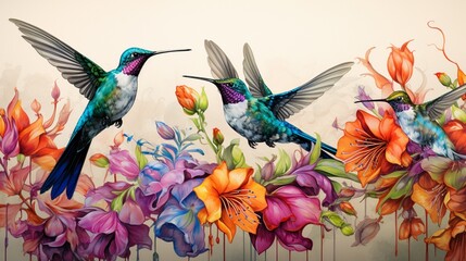 A group of hummingbirds sipping nectar from a cluster of colorful flowers.