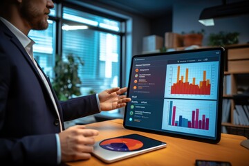 Business consultant presenting analysis with interactive charts on a smart screen in the boardroom, strengths, weaknesses, threats and opportunities of company.