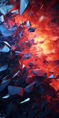 Cracked wall with a bright fire inside, abstract background. Futuristic abstract background with low poly shapes, and glowing particles. Abstract falling apart shattered black rock wallpaper explosion