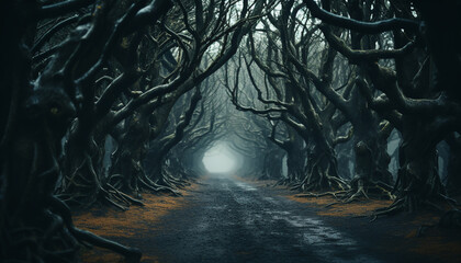 Spooky forest, dark mystery, horror landscape, old foggy branch generated by AI