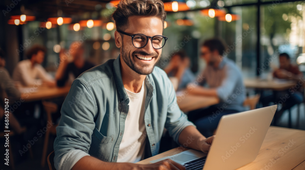 Leinwandbilder smiling web designer using laptop at vibrant co-working space.