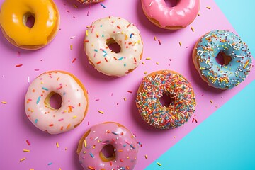 Colorful donuts on a pink background