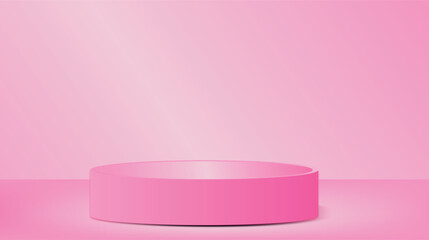 Background pink podium 3d product platform, display. Stand to show cosmetic product vector mock up. Pink podium isolated on pink background.	