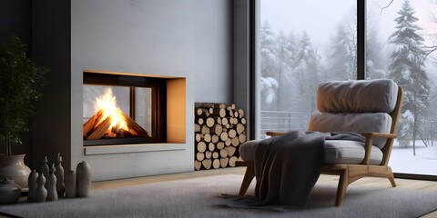 Grey chair by fireplace against window. Scandinavian home interior design of modern living room - obrazy, fototapety, plakaty