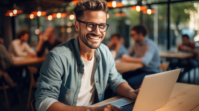 Smiling web designer using laptop at vibrant co-working space.