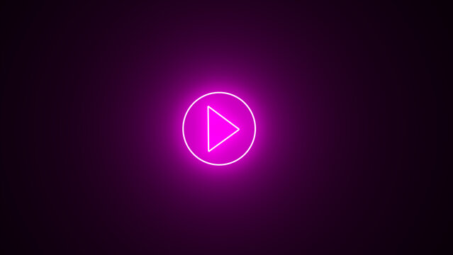 Glowing purple color play button on black background. Play right navigate triangle arrow start button. Neon glowing play button with neon circle