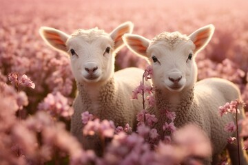 Cute lambs in the flower field