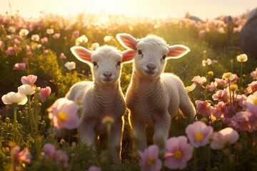 Cute lambs in the flower field