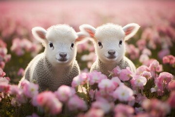 Cute lambs in the flower field