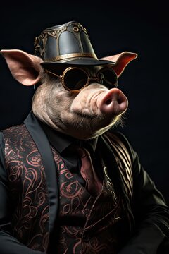 Pig dressed in an elegant modern suit with a nice tie. Fashion portrait of an anthropomorphic animal posing with a charismatic human attitude