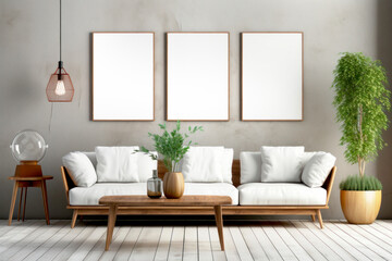 Fototapeta na wymiar Modern minimalist living room interior in light pastel colors with a sofa, pillows, plants and empty frames on the wall.