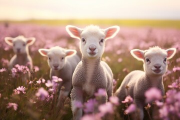 Obraz premium Cute lambs in the flower field