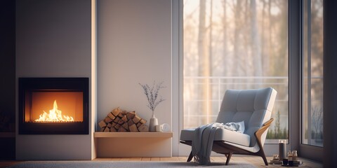 Grey chair by fireplace against window. Scandinavian home interior design of modern living room