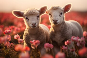 Obraz premium Cute lambs in the flower field