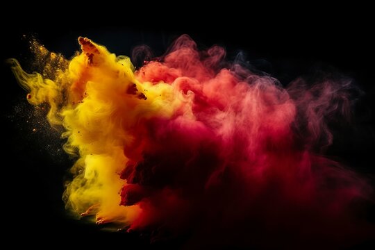 Red yellow powder colorful explosion. Hindu creative paint texture closeup. Generate Ai