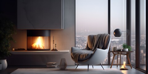 Grey chair by fireplace against window. Scandinavian home interior design of modern living room