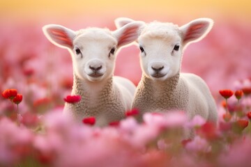 Cute lambs in the flower field