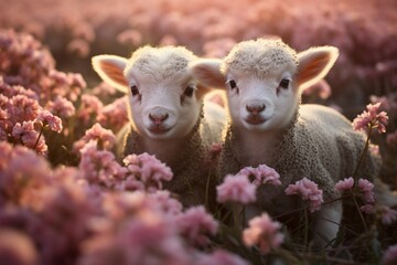 Cute lambs in the flower field