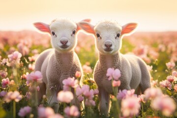 Cute lambs in the flower field
