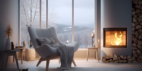 Grey chair by fireplace against window. Scandinavian home interior design of modern living room