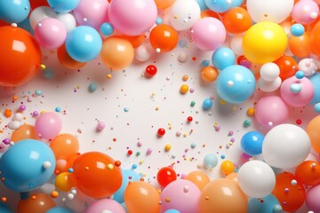 Colorful balloons and confetti on white background, top view